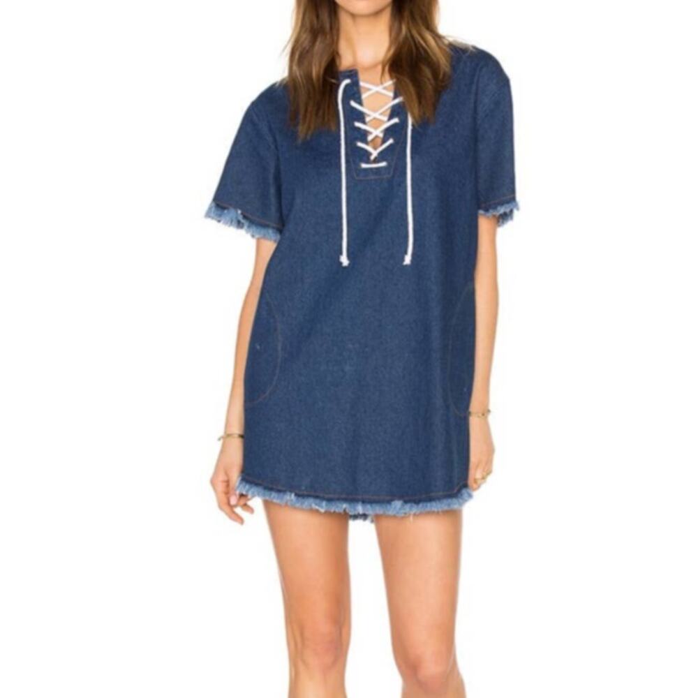 ASTR The Label Consuelo Dark Denim Lace-Up Frayed Edges Tunic Dress Small